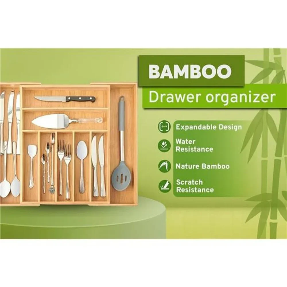 Expandable bamboo silverware drawer organizer utensil tray wood cutlery holder